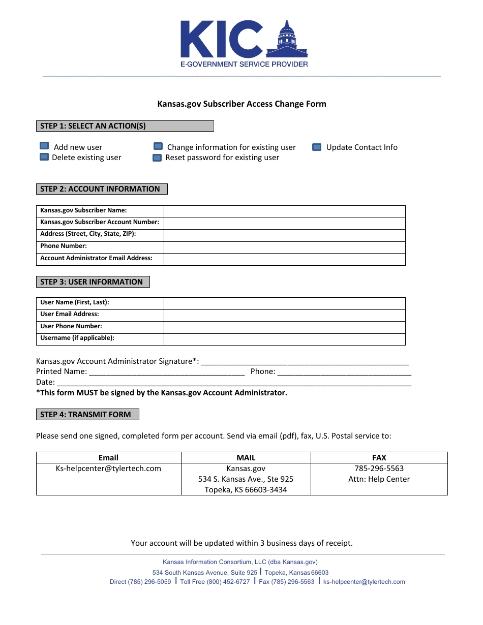 Egovernment Services Subscriber Access Change Form - Kansas, Page 1