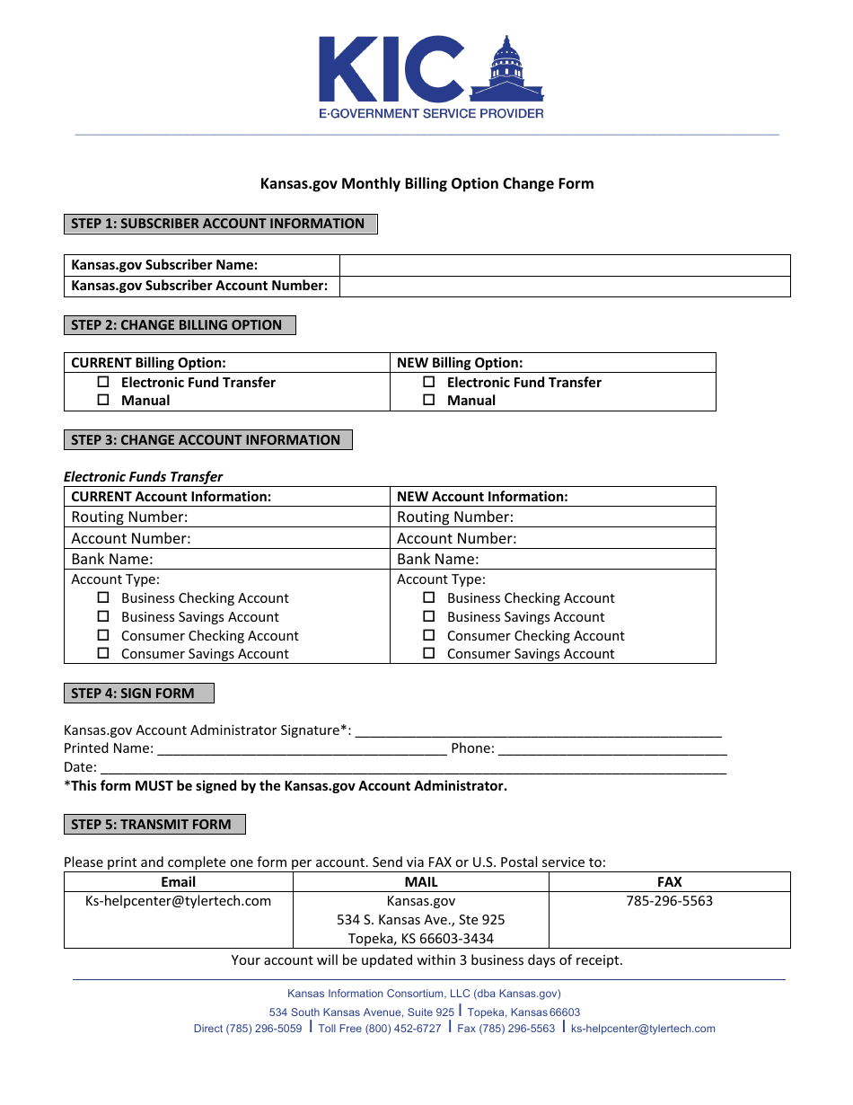 Egovernment Services Monthly Billing Option Change Form - Kansas, Page 1