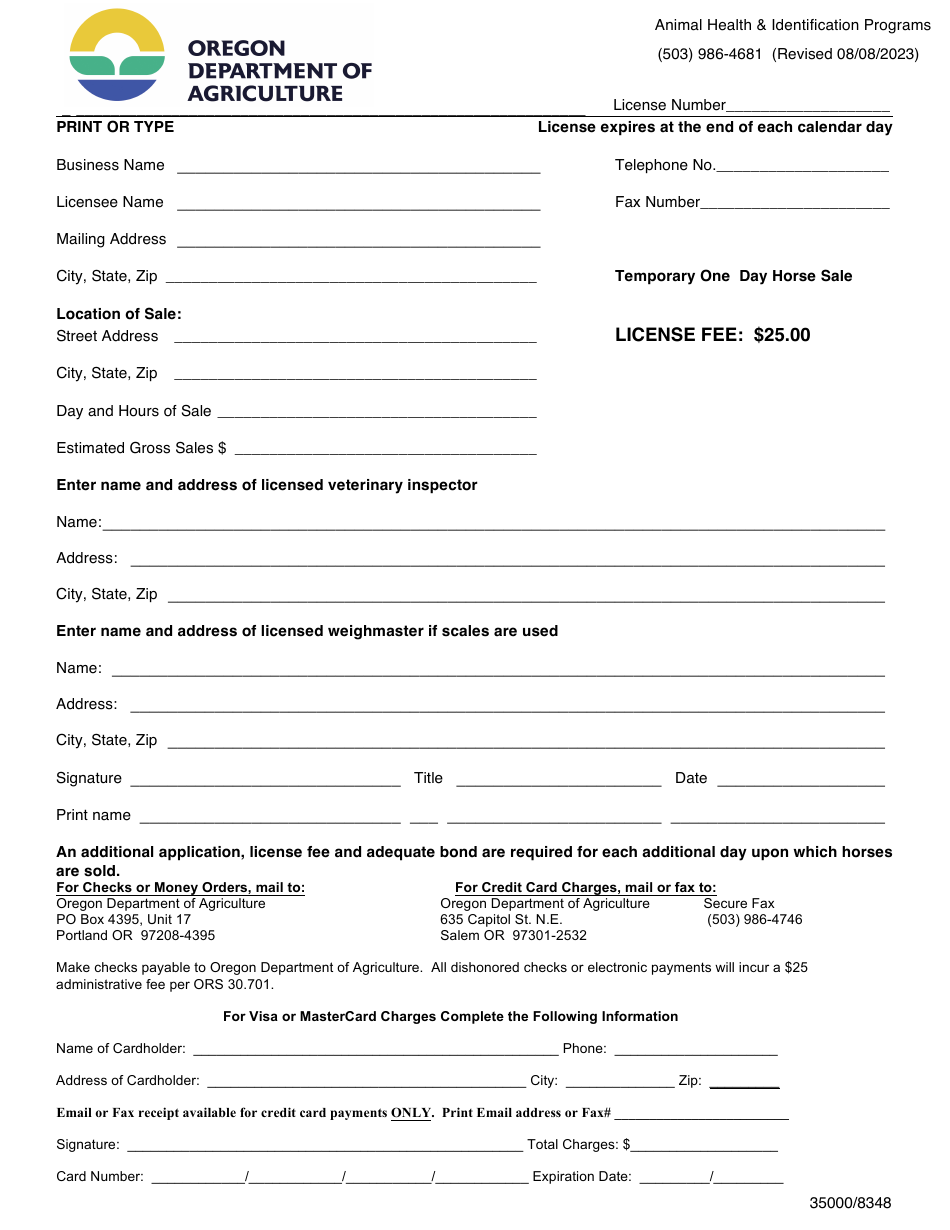 Temporary One Day Horse Sale Application - Oregon, Page 1