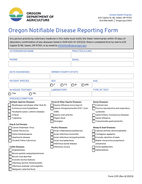 Form 3191 Oregon Notifiable Disease Reporting Form - Oregon