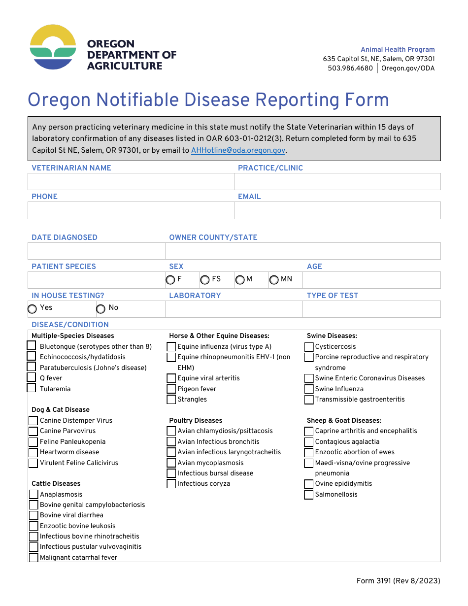 Form 3191 Oregon Notifiable Disease Reporting Form - Oregon, Page 1