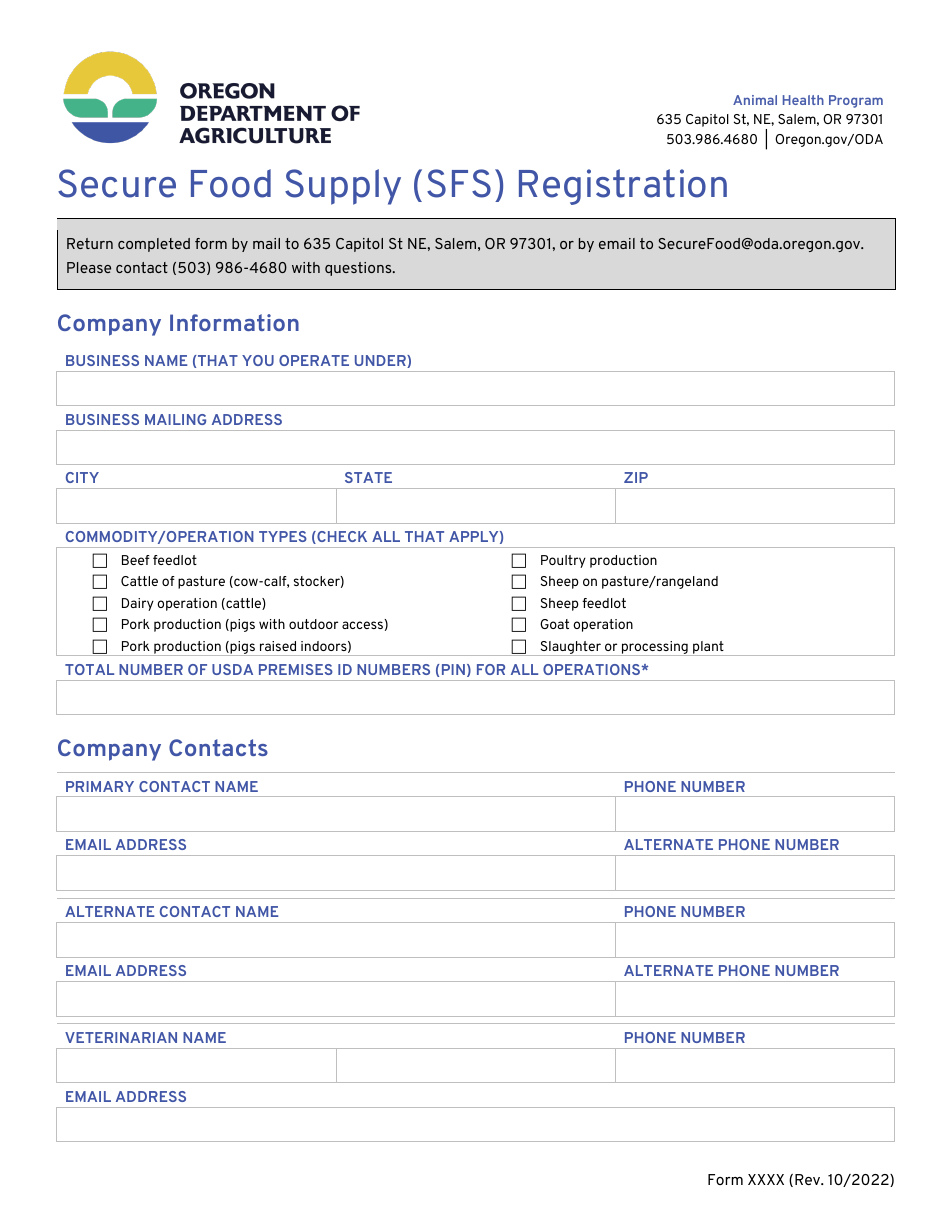 Secure Food Supply (Sfs) Registration - Oregon, Page 1