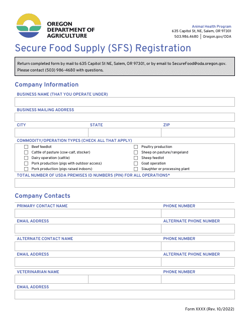 Secure Food Supply (Sfs) Registration - Oregon Download Pdf