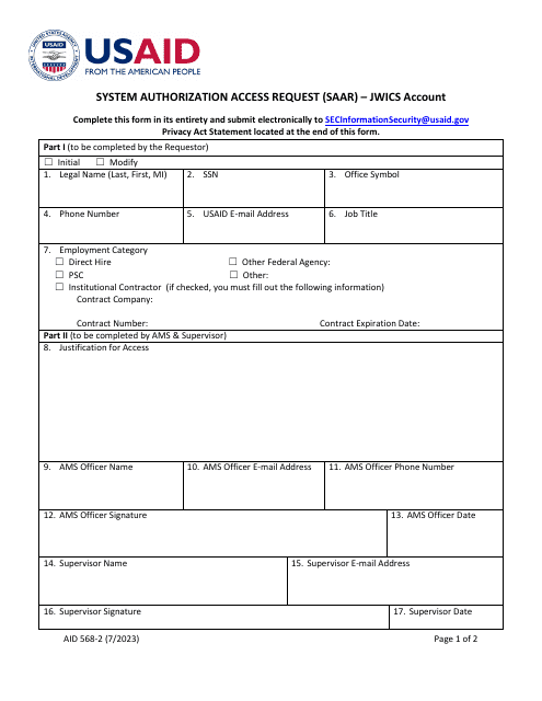 Form AID568-2 System Authorization Access Request (Saar) - Jwics Account