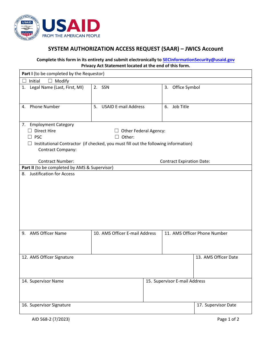 Form AID568-2 System Authorization Access Request (Saar) - Jwics Account, Page 1