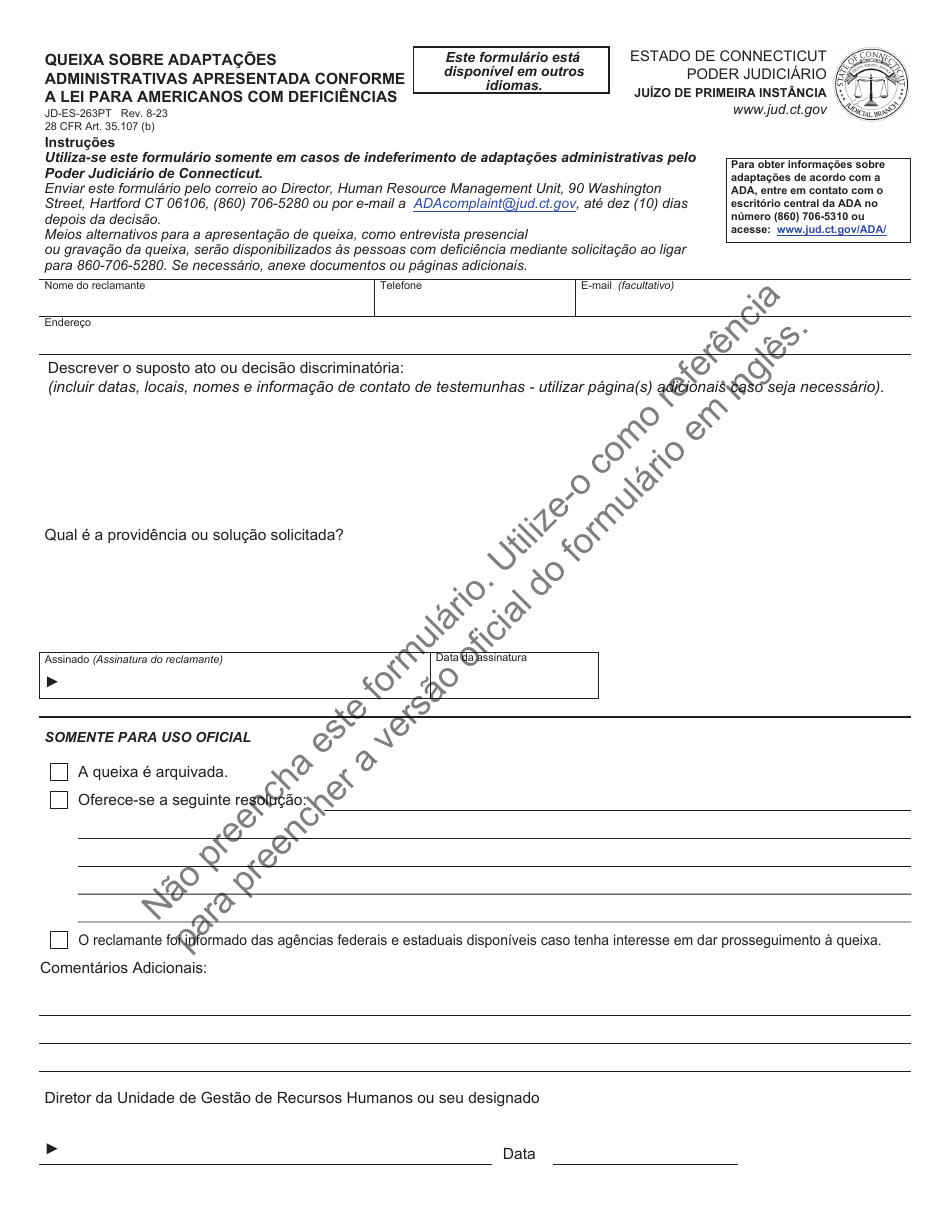 Form JD-ES-263PT Complaint Filed Under the Americans With Disabilities Act for an Administrative Accommodation - Connecticut (Portuguese), Page 1