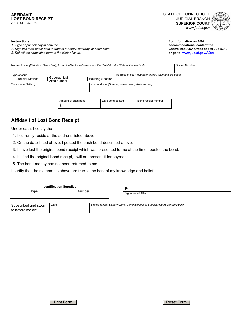 Form JD-CL-51 Affidavit of Lost Bond Receipt - Connecticut, Page 1