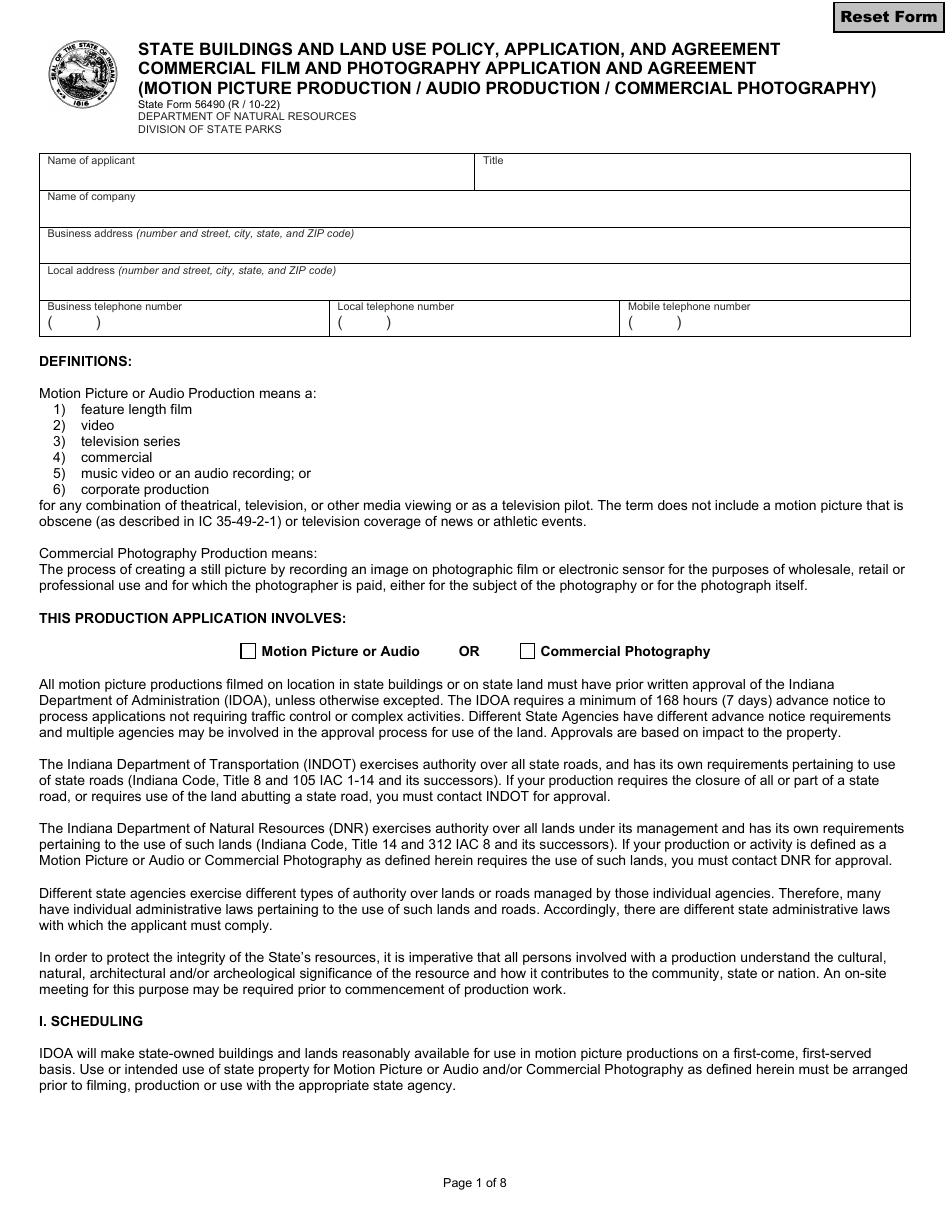State Form 56490 State Buildings and Land Use Policy, Application, and Agreement Commercial Film and Photography Application and Agreement (Motion Picture Production / Audio Production / Commercial Photography) - Indiana, Page 1