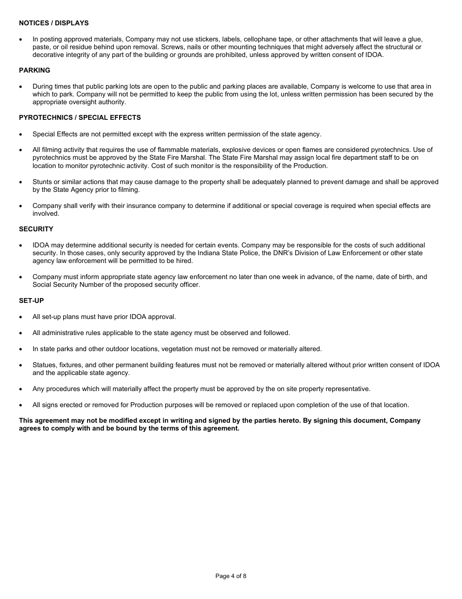 State Form 56490 State Buildings and Land Use Policy, Application, and Agreement Commercial Film and Photography Application and Agreement (Motion Picture Production / Audio Production / Commercial Photography) - Indiana, Page 4