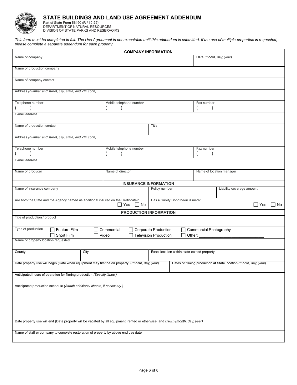 State Form 56490 State Buildings and Land Use Policy, Application, and Agreement Commercial Film and Photography Application and Agreement (Motion Picture Production / Audio Production / Commercial Photography) - Indiana, Page 6