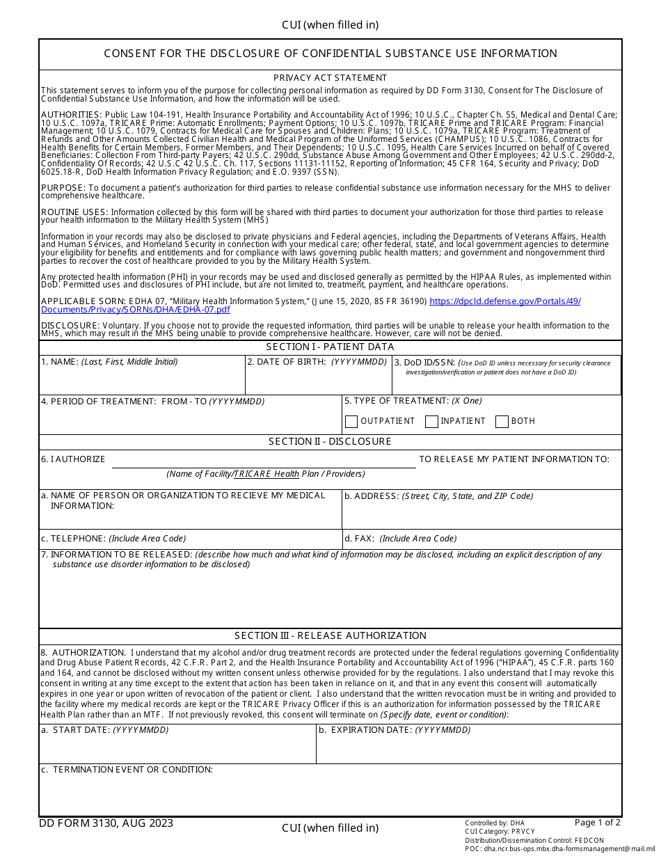 DD Form 3130 Consent for the Disclosure of Confidential Substance Use Information, Page 1