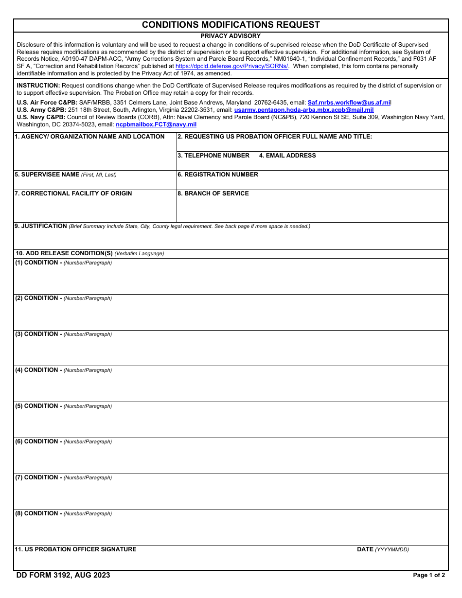 DD Form 3192 Conditions Modifications Request, Page 1