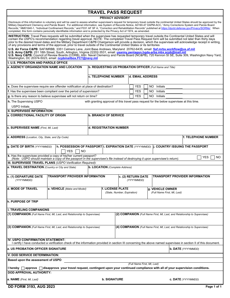 DD Form 3193 Travel Pass Request, Page 1