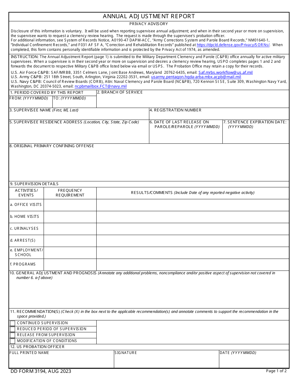 DD Form 3194 Annual Adjustment Report, Page 1