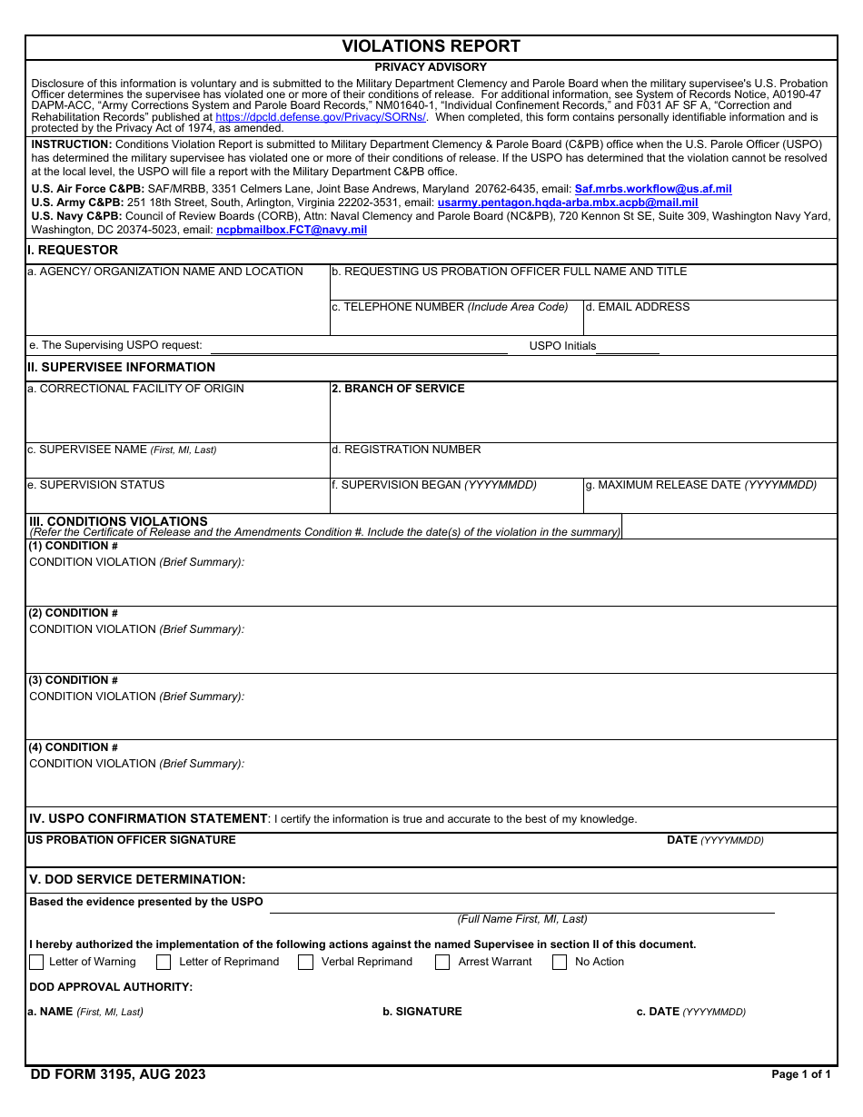DD Form 3195 Violations Report, Page 1