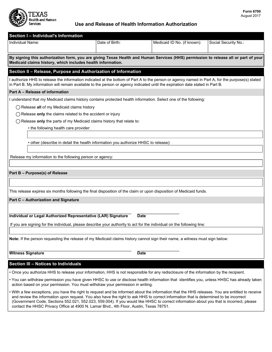 Form 6700 Use and Release of Health Information Authorization - Texas, Page 1