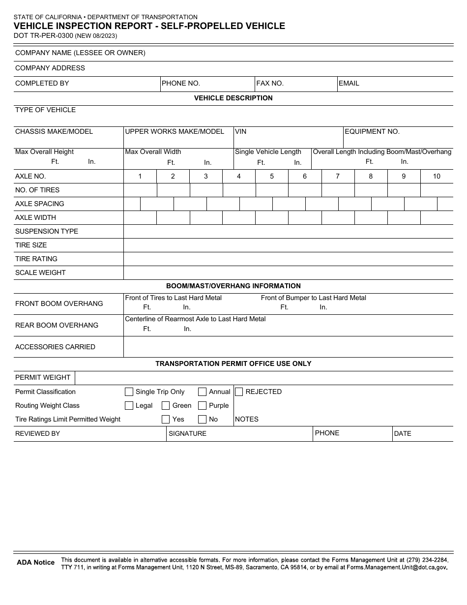 Form DOT TR-PER-0300 Vehicle Inspection Report - Self-propelled Vehicle - California, Page 3