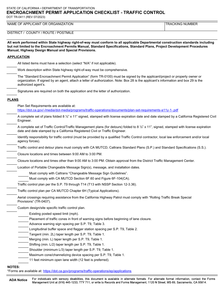 Form DOT TR-0411 Encroachment Permit Application Checklist - Traffic Control - California, Page 1