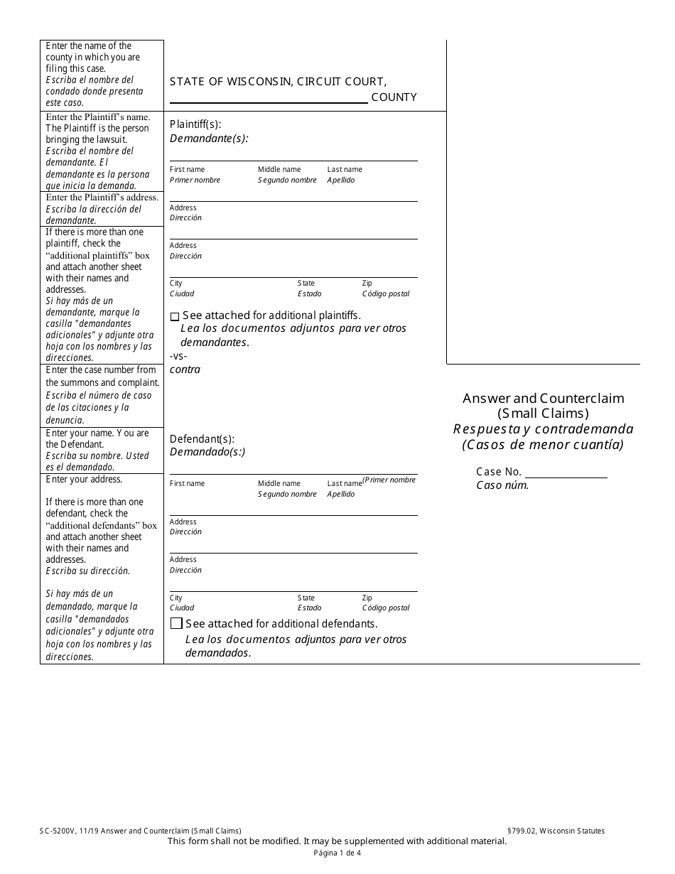 Form SC-5200V Answer and Counterclaim (Small Claims) - Wisconsin (English / Spanish), Page 1