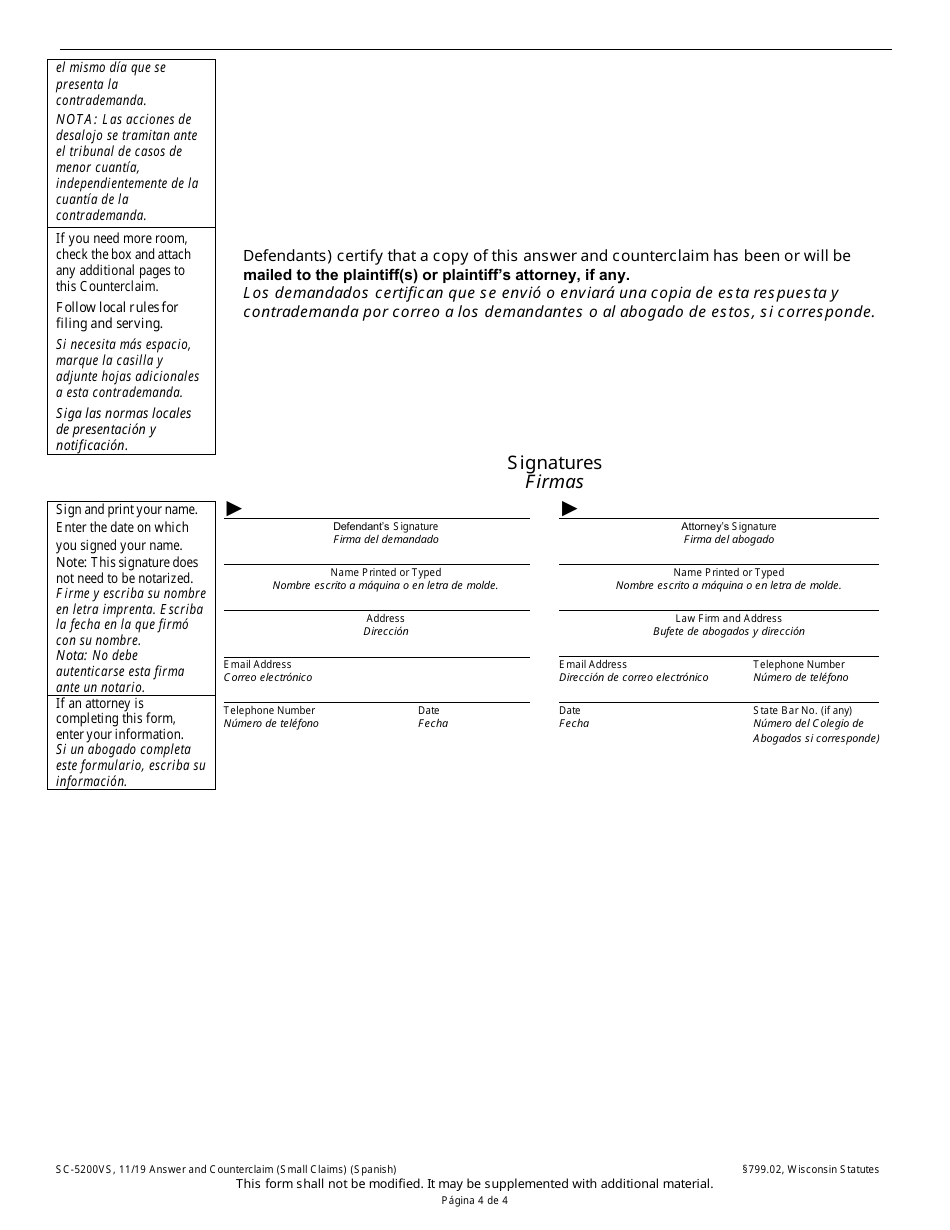 Form SC-5200V Answer and Counterclaim (Small Claims) - Wisconsin (English / Spanish), Page 4