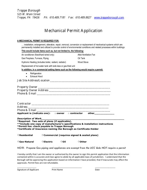 Mechanical Permit Application - Trappe Borough, Pennsylvania Download Pdf