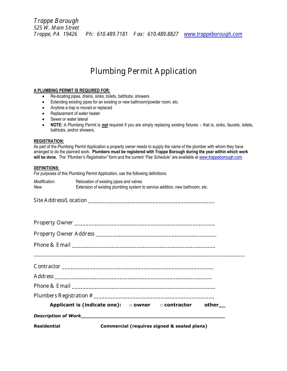 Plumbing Permit Application - Trappe Borough, Pennsylvania, Page 1