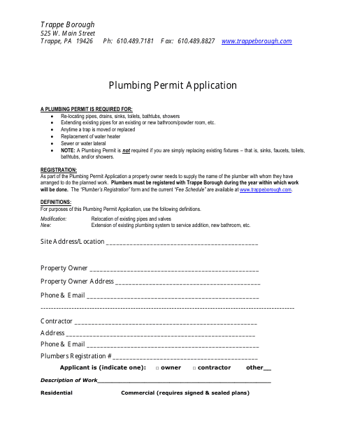 Plumbing Permit Application - Trappe Borough, Pennsylvania Download Pdf
