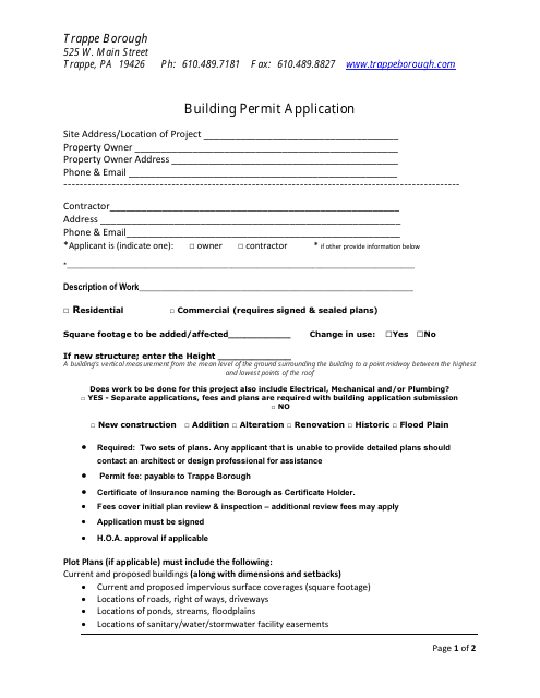 Building Permit Application - Trappe Borough, Pennsylvania Download Pdf