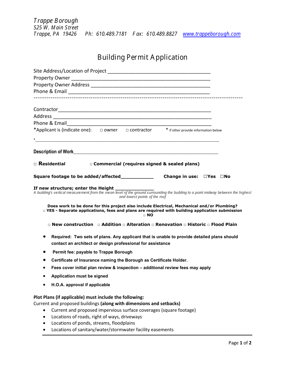 Building Permit Application - Trappe Borough, Pennsylvania, Page 1