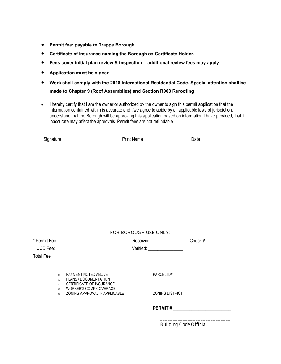 Residential Roof Permit Application - Trappe Borough, Pennsylvania, Page 2