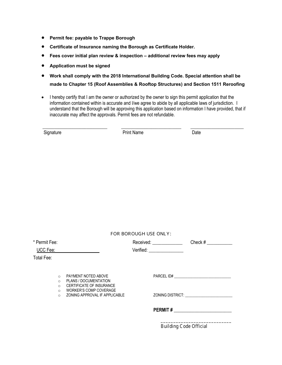 Non-residential Roof Permit Application - Trappe Borough, Pennsylvania, Page 2