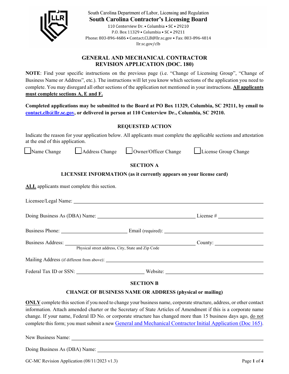 Form DOC.180 General and Mechanical Contractor Revision Application - South Carolina, Page 2