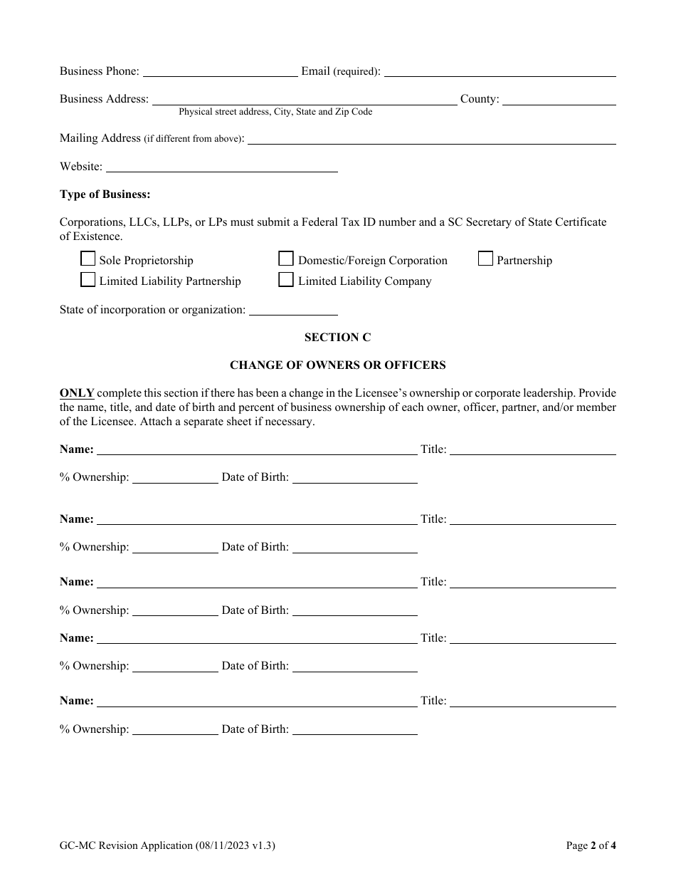 Form DOC.180 General and Mechanical Contractor Revision Application - South Carolina, Page 3
