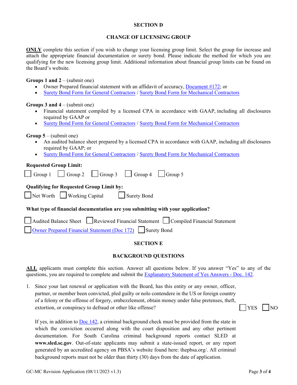 Form DOC.180 General and Mechanical Contractor Revision Application - South Carolina, Page 4