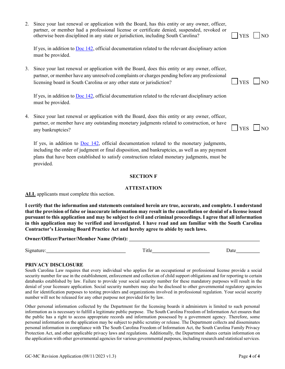 Form DOC.180 General and Mechanical Contractor Revision Application - South Carolina, Page 5