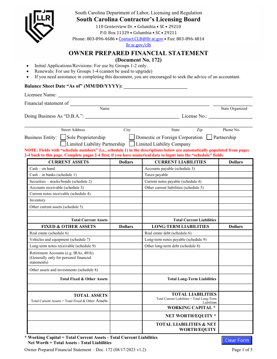 Form DOC.172 Owner Prepared Financial Statement - South Carolina, Page 1