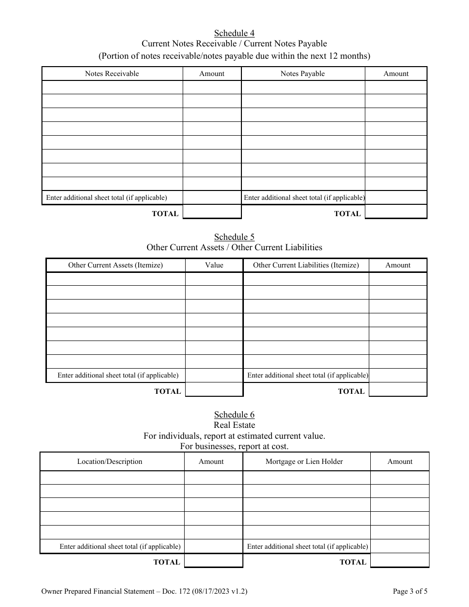 Form DOC.172 Owner Prepared Financial Statement - South Carolina, Page 3