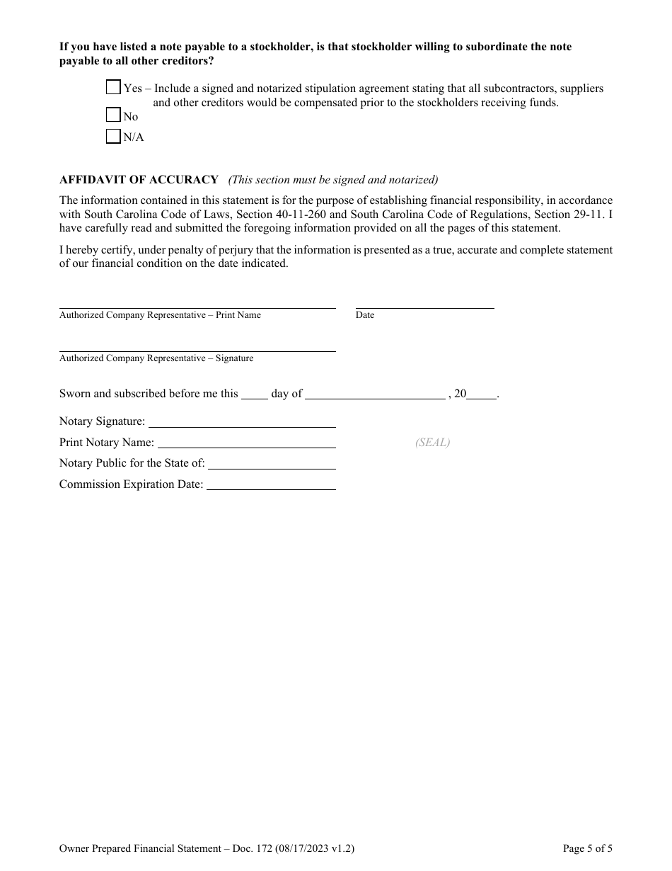 Form DOC.172 Owner Prepared Financial Statement - South Carolina, Page 5