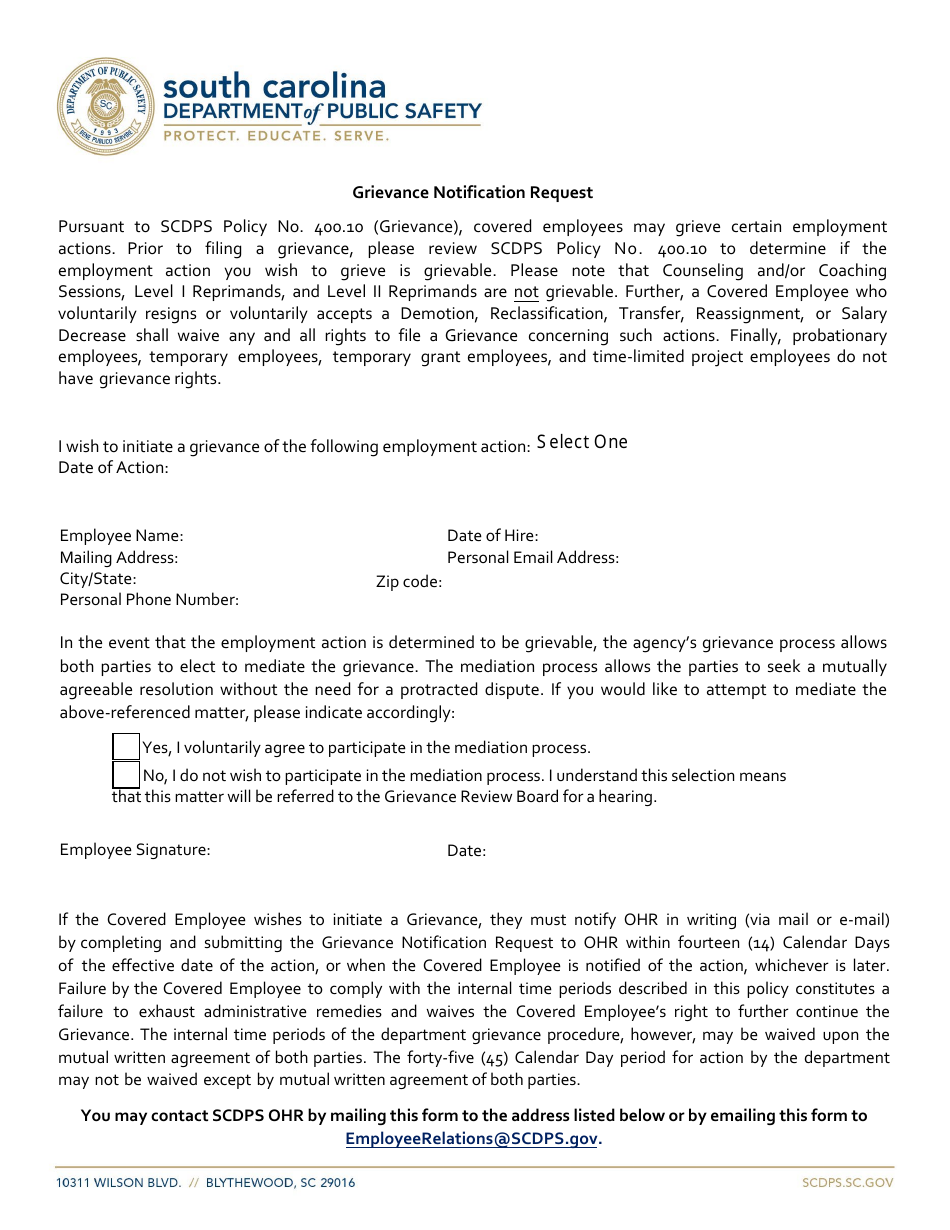 Grievance Notification Request - South Carolina, Page 1