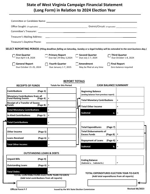 Official Form F-7 State of West Virginia Campaign Financial Statement (Long Form) - West Virginia, 2024