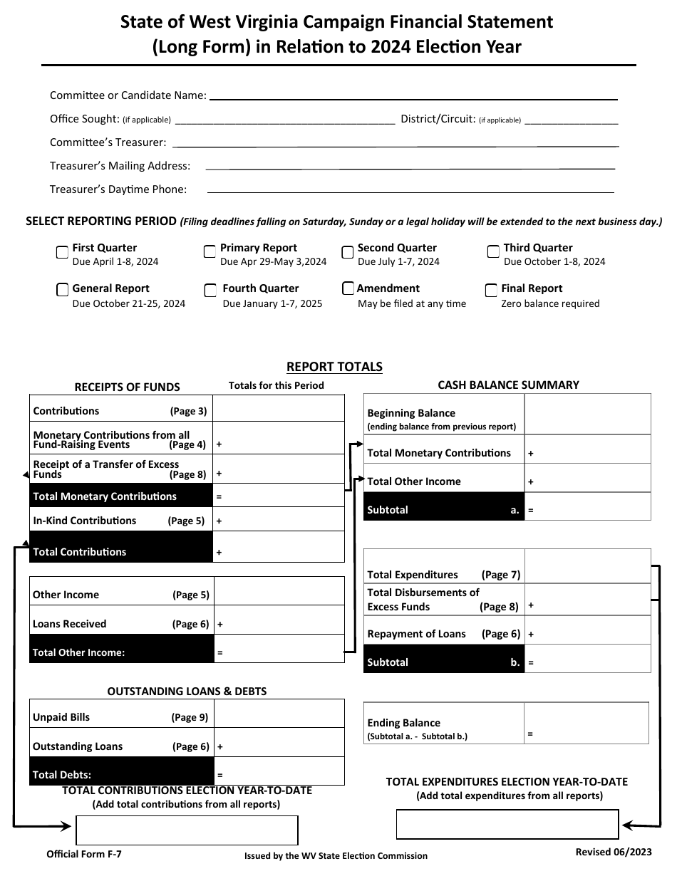 Official Form F-7 State of West Virginia Campaign Financial Statement (Long Form) - West Virginia, Page 1