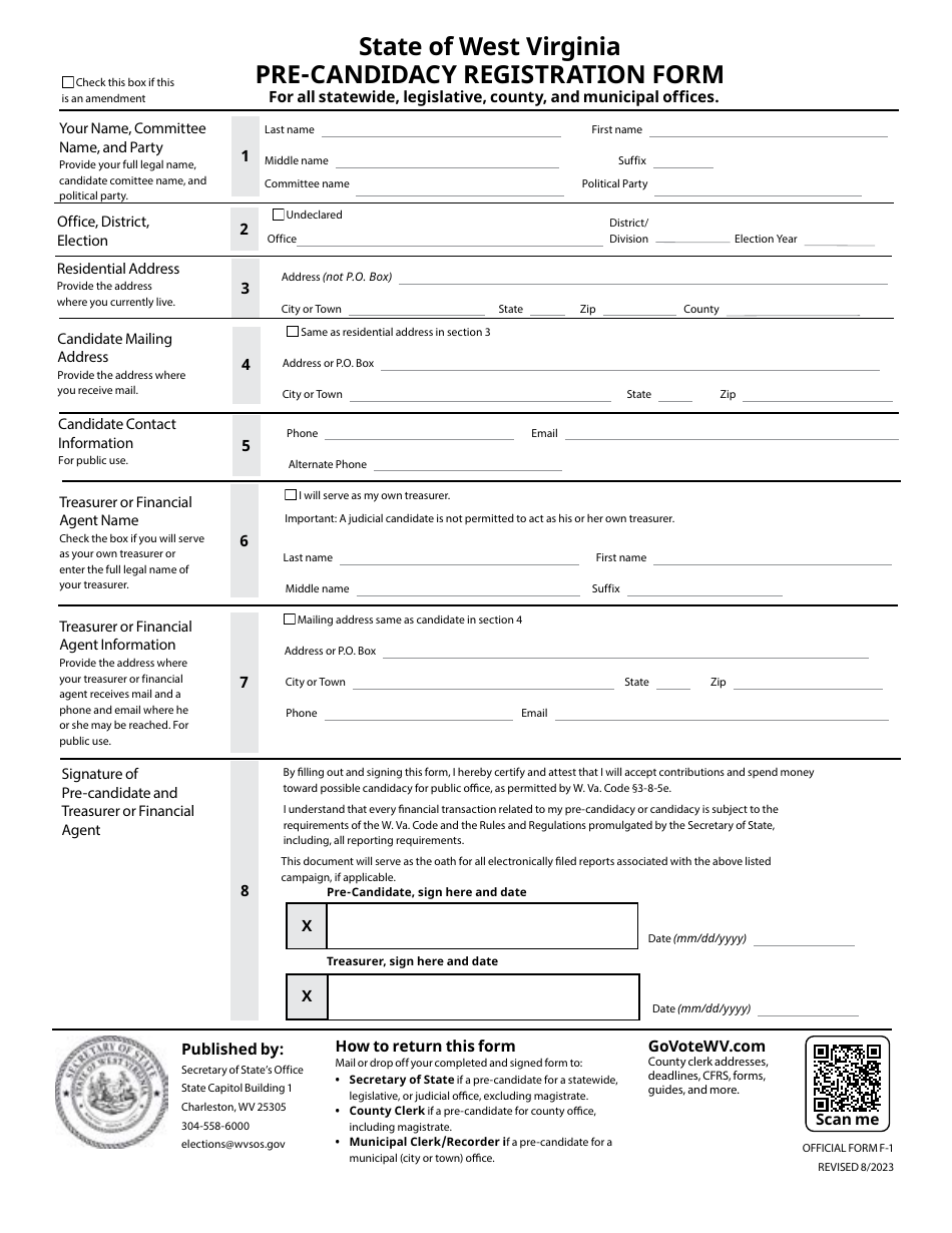 Official Form F-1 Pre-candidacy Registration Form for All Statewide, Legislative, County, and Municipal Offices - West Virginia, Page 1