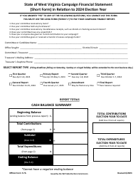 Official Form F-7A State of West Virginia Campaign Financial Statement (Short Form) - West Virginia