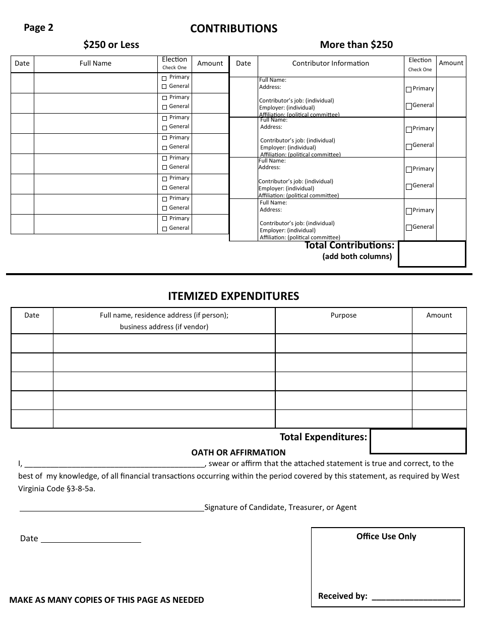 Official Form F-7A State of West Virginia Campaign Financial Statement (Short Form) - West Virginia, Page 2