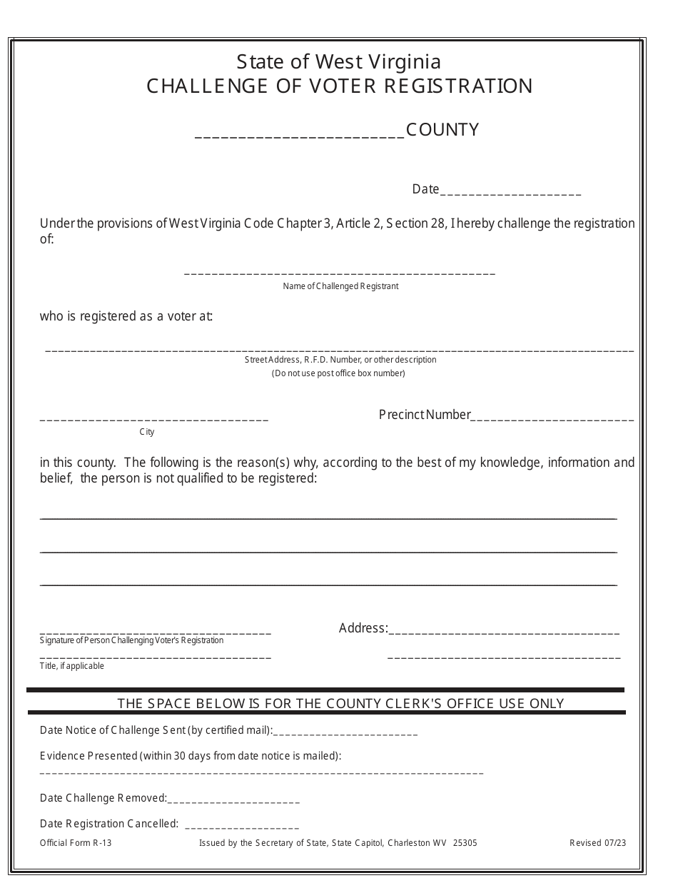 Official Form R-13 Challenge of Voter Registration - West Virginia, Page 1