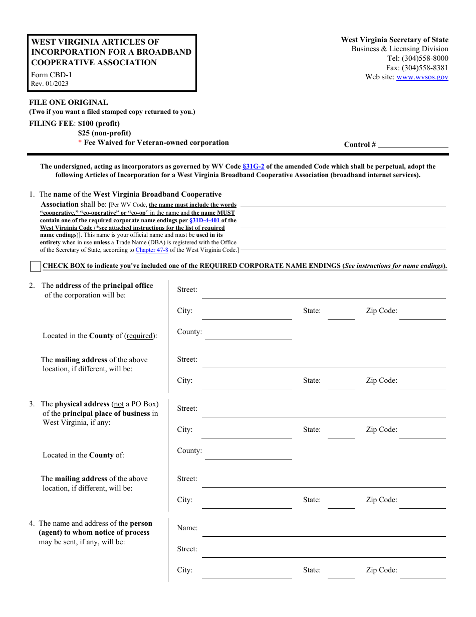 Form CBD-1 West Virginia Articles of Incorporation for a Broadband Cooperative Association - West Virginia, Page 1