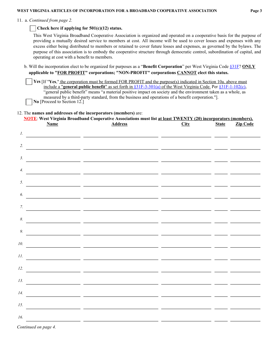 Form CBD-1 West Virginia Articles of Incorporation for a Broadband Cooperative Association - West Virginia, Page 3