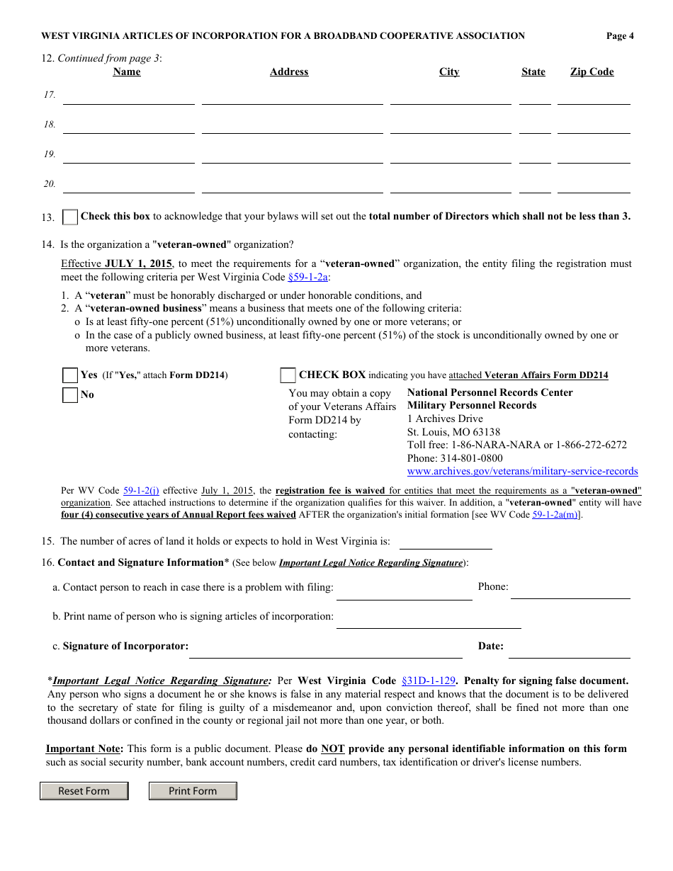Form CBD-1 West Virginia Articles of Incorporation for a Broadband Cooperative Association - West Virginia, Page 4