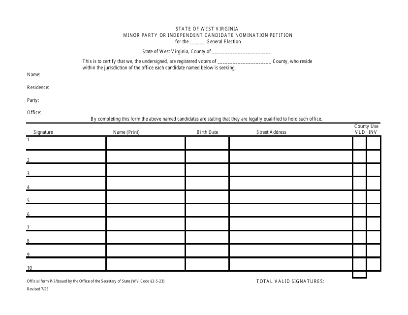 Official Form P-3 Minor Party or Independent Candidate Nomination Petition - West Virginia