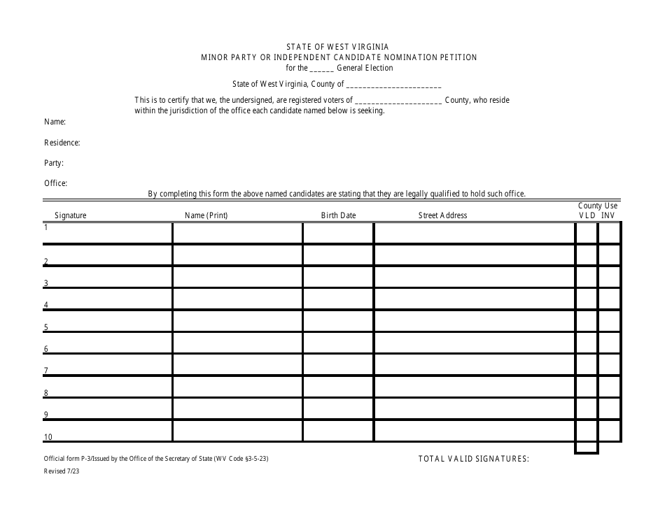 Official Form P-3 Minor Party or Independent Candidate Nomination Petition - West Virginia, Page 1
